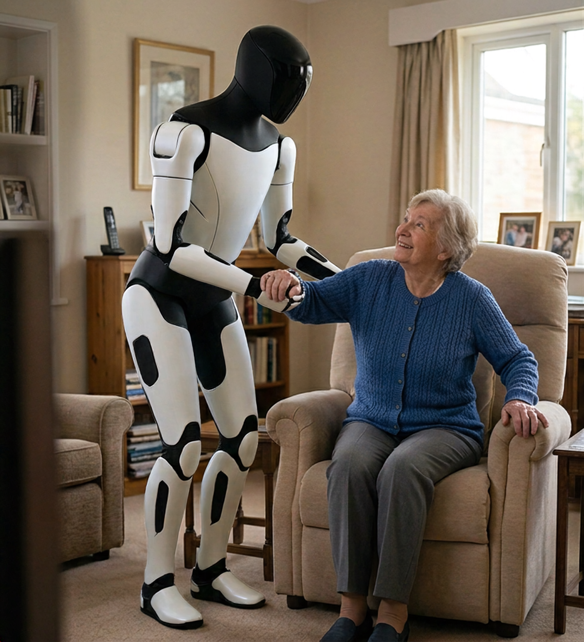 Humanoid robot helping elderly woman
